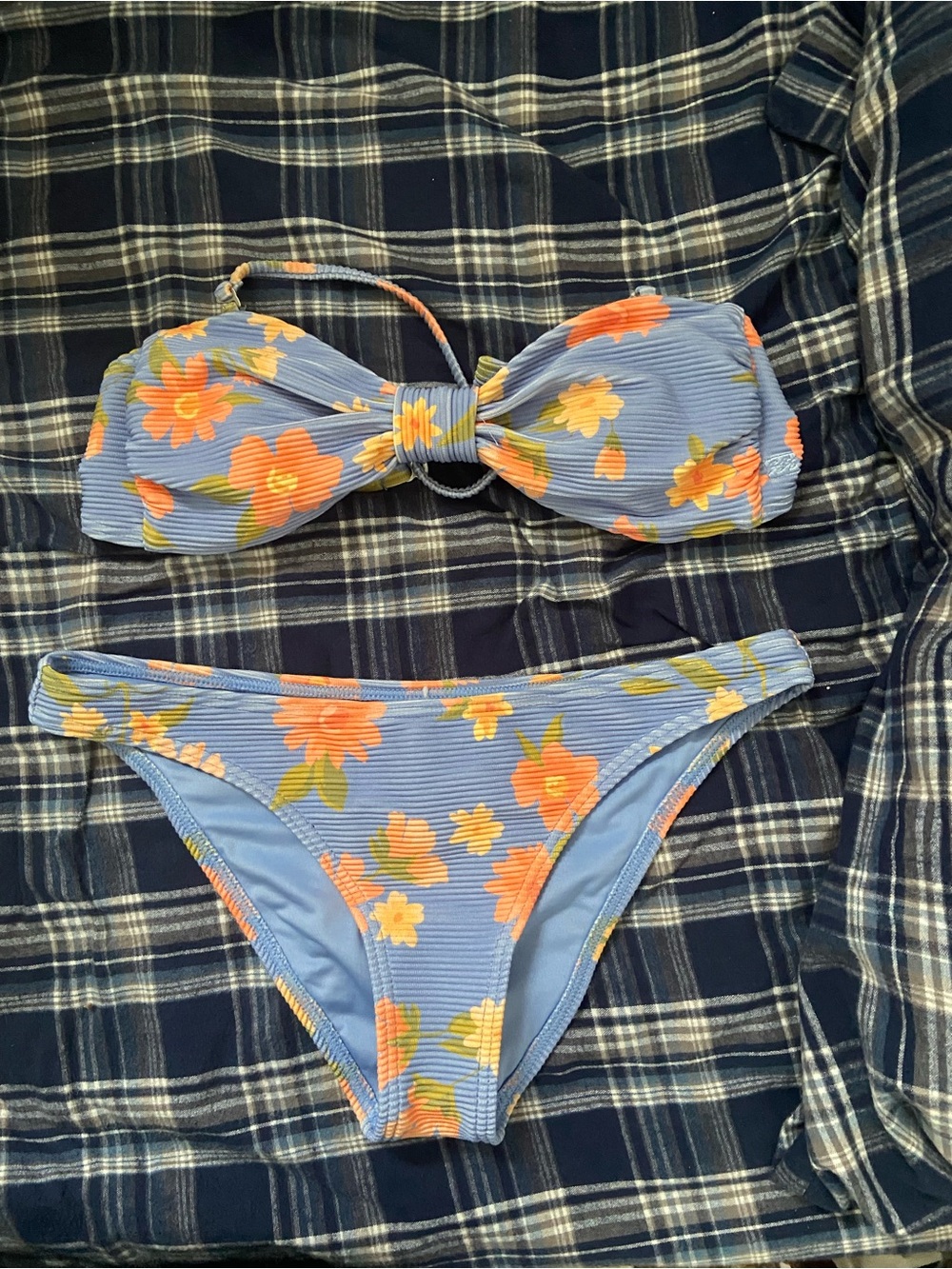 Billabong Blue Floral Bandeau Bikini with Orange & Yellow Flowers